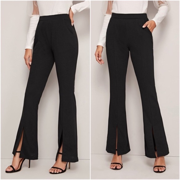 Black Slit hem flared bootcut dress pants - Picture 1 of 5